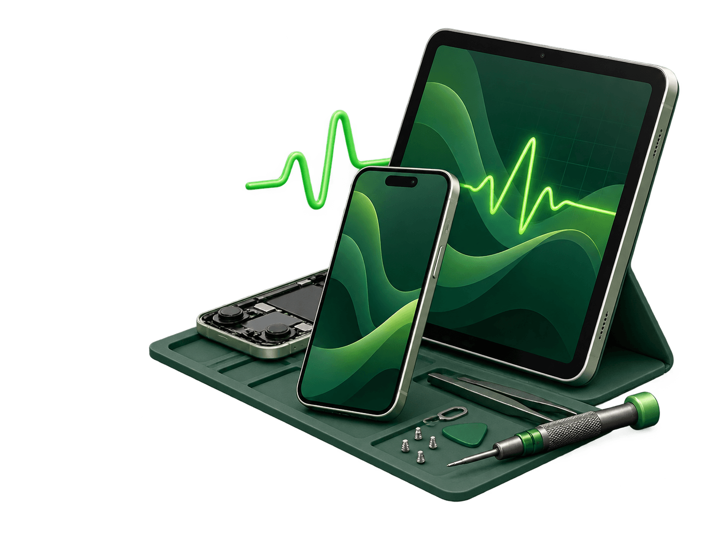 Смартфон и планшет на диагностическом коврике с инструментами