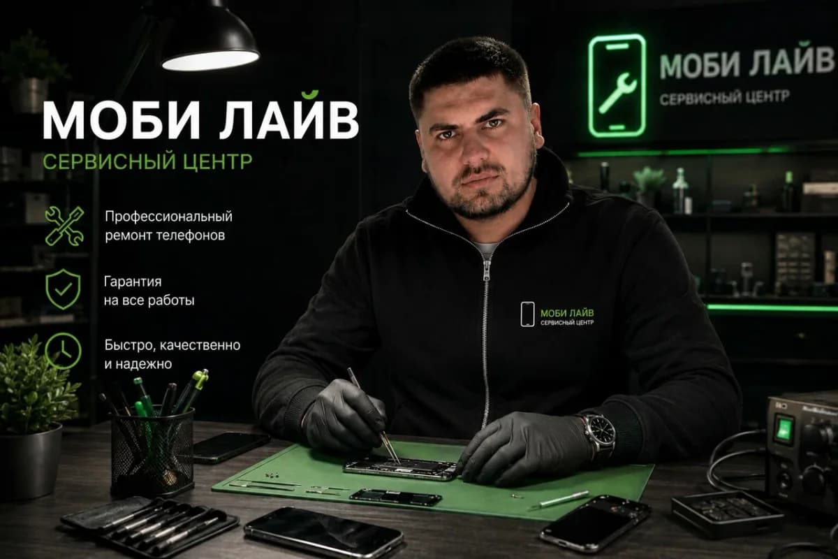 Евгений за рабочим столом в сервисном центре «Моби Лайв»