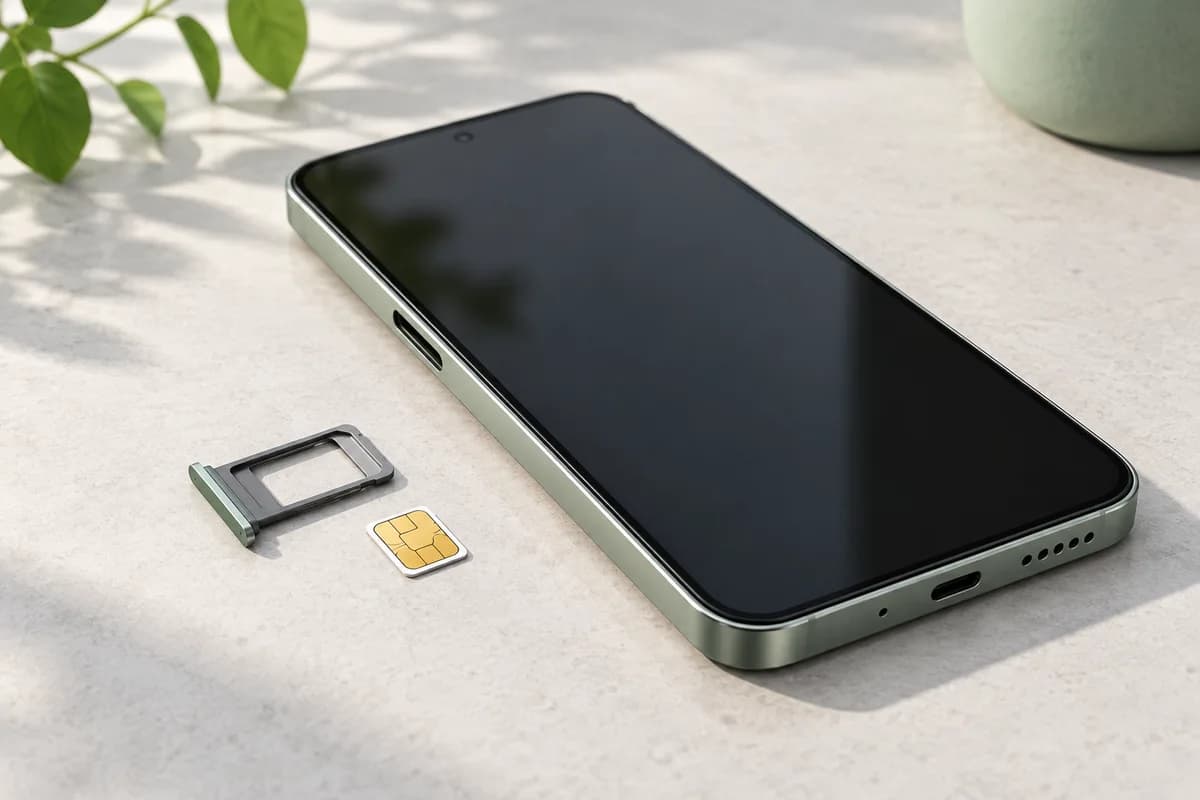 Телефон с выключенным экраном, извлечённый SIM-лоток и SIM-карта рядом